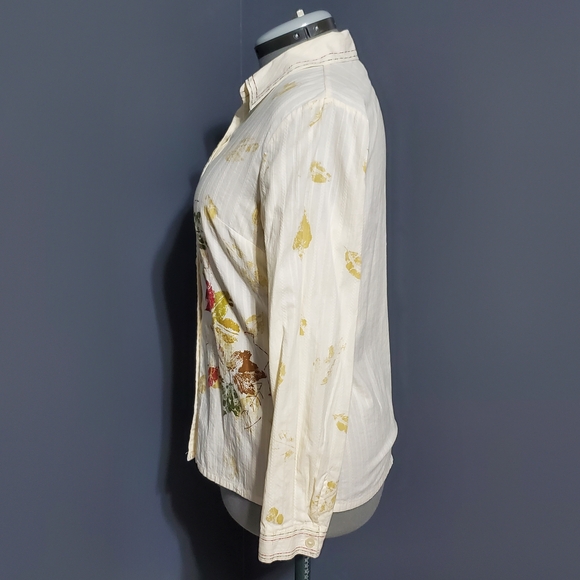 Koret Cream Shirt with Multicolor Floral Stamped Leaf Design Women's Size 10 - Picture 2 of 5